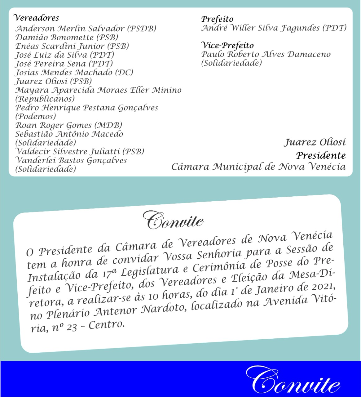 Posse dos eleitos em Nova Venécia será às 10h de sexta-feira (01)