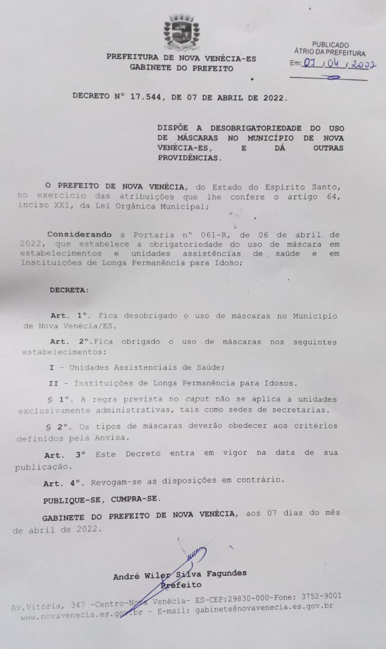 Decreto Municipal desobriga uso de máscara em Nova Venécia